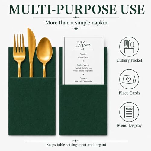 100Pcs Green Napkins Disposable Linen Feel Dinner Paper Napkins with Built-in Flatware Pocket, 16in x 16in Airlaid Paper Pre-Folded Napkin for Silverware Baby Shower Easter Wedding Birthday Party - Image 7