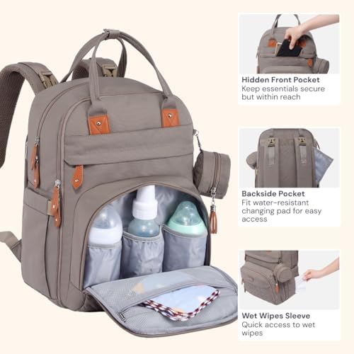 BabbleRoo Diaper Bag Backpack - Baby Essentials Travel Tote - Multi Function Water Resistant Diaper Bag, Travel Essentials Baby Bag with Changing Pad, Stroller Straps & Pacifier Case - Unisex, Khaki - Image 5