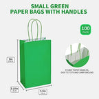 DjinnGlory 100 Pack Small-Sized Green Paper Gift Bags with Handles Bulk for Business Boutiques, Party Goodies, Holidays, Graduation, 9''x5.5''x3.15'' - Image 3