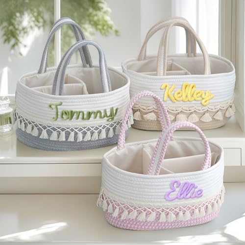 Personalized Diaper Caddy Organizer With Name, Custom Woven Cotton Rope Storage Basket With Tassels, Nursery Decor Piece Featuring A Removable Divider For Organizing Baby Essentials Or As Gift by Unknown