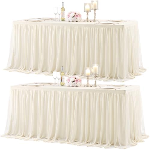 Ivory Fitted Tablecloth Rectangle 6 Foot Stretch Elastic Tulle Ruffle Tablecloths Rectangular Spandex Table Covers 6ft Birthday Baby Shower Party Wedding Table Cloths with Skirt 2Pack by LittleFunny