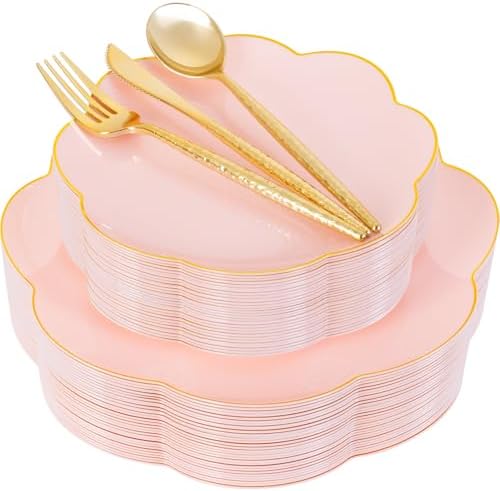 LIYH 150Pcs Gold Flower Edge Pink Dinnerware Set For 30 Guests Party by LIYHLoveinyourheart