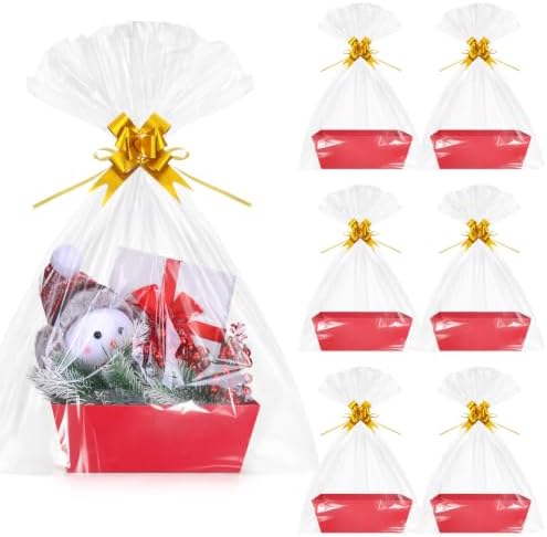 AFOROEOA 6 Pack Red Gift Baskets Empty, 10x8 Thick Paper Basket with 6 Clear Bags and 6 Pull Bows, Red Empty Gift Baskets for Christmas Valentine Wedding Birthday Holiday Party Wrapping by AFOROEOA