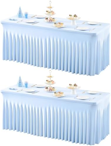 2 Packs Baby Blue Table Clothes for 8 Foot Rectangle Tables, One-Piece Wrinkle Resistant Stretch Spandex Table Covers with Skirt for Event Banquet Wedding Birthday Party by PartyTalk