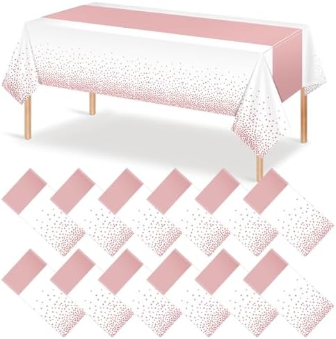 12Pcs White Rose Gold Tablecloth Party Decorations,Plastic White Table Cloth Printed Rose Gold Table Runner Disposable Rectangle Tables Cover for Birthday Anniversary Wedding Grad Party,54 x108 Inch by MASHAN