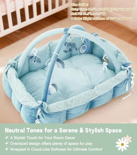 5-in-1 Baby Play Gym and Tummy Time Mat, 12 Learning Cards, Plush Activity Mat with 6 Toys, Baby Gym, Convertible to Ball Pit, Baby Gift, Blue - Image 5