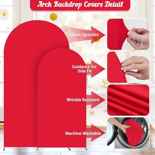 Red Arch Backdrop Cover 2 Set - 7.2FT, 6FT Spandex Fitted Wedding Arch Stand Covers Round Top Chiara Arch Backdrop Stands Cover for Birthday Parties Banquet Photo Background Decoration - Image 5