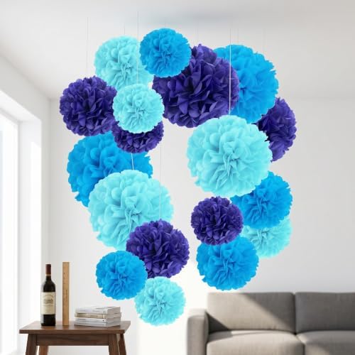 FOMIYES 1 Set Paper Flowers Party Decorations - 8/10/12" Blue Tissue Pom Poms for Weddings, Birthdays, Baby Showers, Tea Party, Summer, and Festive Ceiling Hanging Decor - Image 4