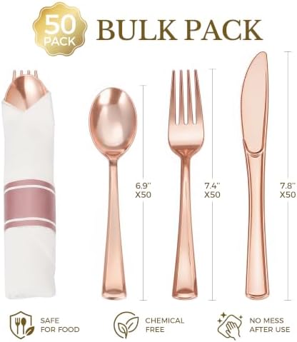 Goodluck 50 Pack Pre Rolled Rose Gold Plastic Silverware - Image 3
