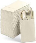 Linen-Feel Dinner Napkins With Flatware Pocket, Champagne, 50-Pack by SERVIETTO