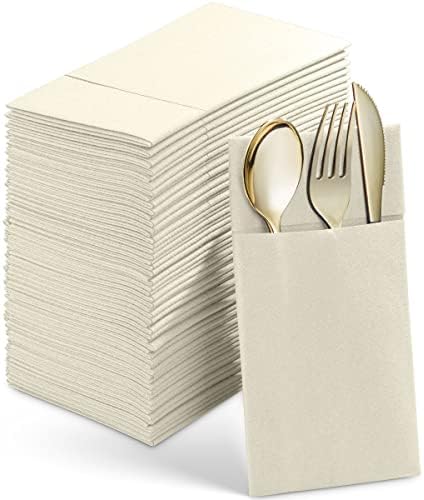 Linen-Feel Dinner Napkins With Flatware Pocket, Champagne, 50-Pack by SERVIETTO