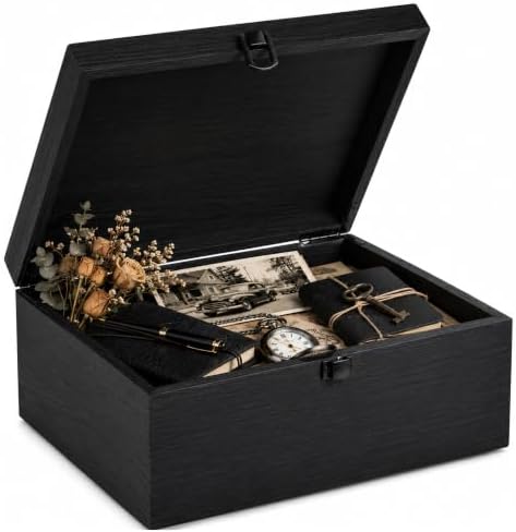 Keepsake Box,Large Acacia Wooden Memory Box Jewelry Box and Photo Storage Box for Wedding Baby Shower Decorative Storage Treasure Boxes with Lids (Black) by Unknown