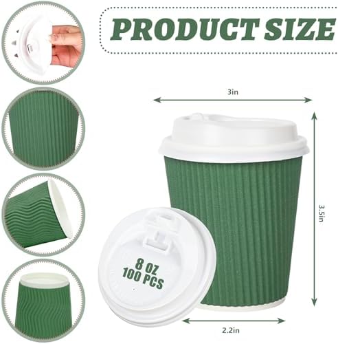 Whaline 100Pcs Sage Green Disposable Coffee Cups with Lids 8oz Gradient Green Paper Cups Corrugated Ripple Wall Insulated Hot Cups for Home Office Party Supplies - Image 2