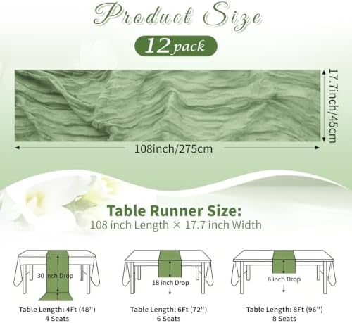 Sage Green Boho Cheesecloth Table Runner 12 Pack 17x108 Inch Sheer Gauze - Image 2