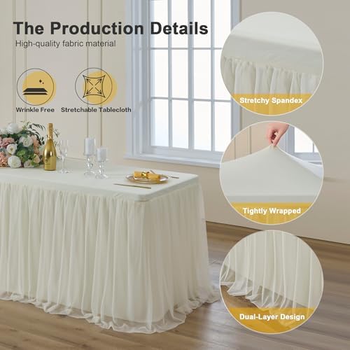 familus Ivory Table Cloths 8 Foot Rectangle 2 Pack Stretch Ruffle Tulle Tablecloth Spandex Fitted Table Cover for 8 Foot Tulle Table Skirts for Party Wedding Table Cloths, Banquets - Image 4