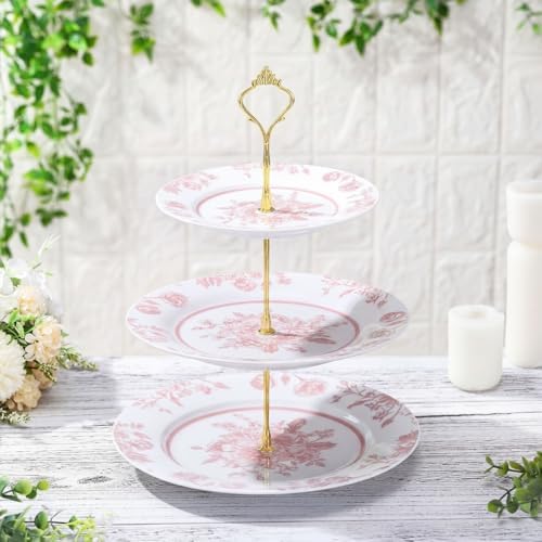 Lallisa Pink Floral 3 Tier Dessert Stand 10", 9" and 7" Ceramic Vintage Chinoiserie Tea Party Tiered Tray Cupcake Stand Display Holder Tower for Wedding Baby Shower Bridal Shower Tea Party by Lallisa
