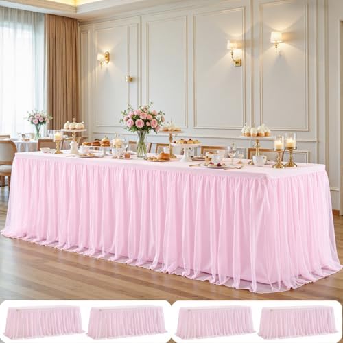 4 Pack Pink Tablecloth for 8 Foot Rectangle Tables with Tulle Table Skirt by PartyTalk