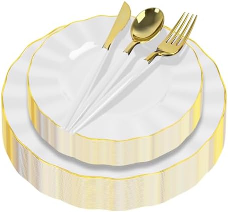 150Pcs Plastic Plates with Gold Rim,Heavy Duty White Plates for 30 Guests,Plastic Dinnerware Set Include 30 Dinner Plate,30 Dessert Plate,90 Gold Cutlery Set for Party (White) by ZHZJCKSHB