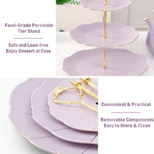 DUJUST Luxury Larger 3-Tier Cupcake Stand Tower, British Style Porcelain Serving Tray with Golden Trim, Food Grade Dessert Display Stand for Tea Party & Home Décor - 45% Purple Larger Plates - Image 4