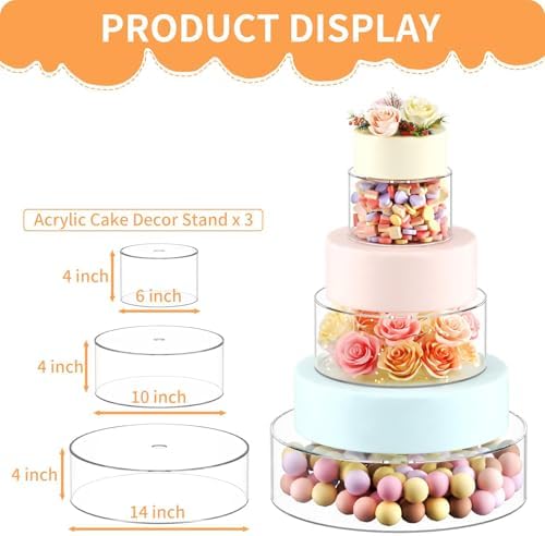 NPPLUS 3 Pcs Round Acrylic Cake Stand with Lid, Clear Fillable Cake Tier - Image 6