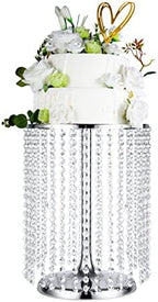 Wedding Cake Stand for Dessert Table 12 Inch Silver Crystal Pendants Metal Cake Stand Serves as A Round Dessert Cupcake Display Plate 16 Inch Tall (Silver) by LANLONG