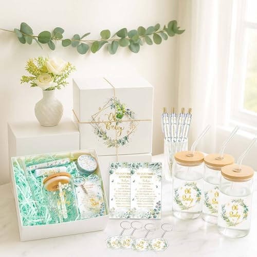 Hoolerry 6 Sets 72 Pcs Baby Shower Prizes for Game Favors Include Glass Cups Baby Shower Winners Present Box Lipstick Pen Candle Keychain Guests Wedding Gift(Greenery) by Hoolerry