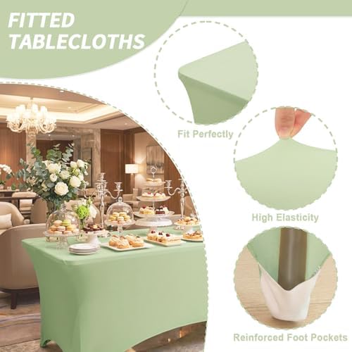 Fixwal 3 Pack 6FT Sage Green Tablecloth Rectangle Spandex Table Cover - Image 4