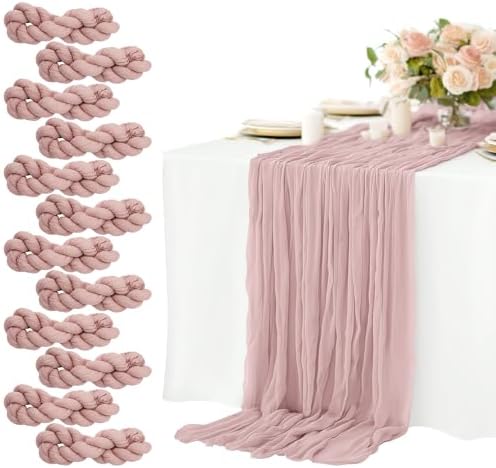 12 Pack Dusty Pink Cheesecloth Table Runners 10FT Long – 35 x 120 Inch Boho Gauze Table Runners for Engagement, Wedding, Baby Shower & Home Decor – Soft Wrinkled Polyester Fabric by Unknown