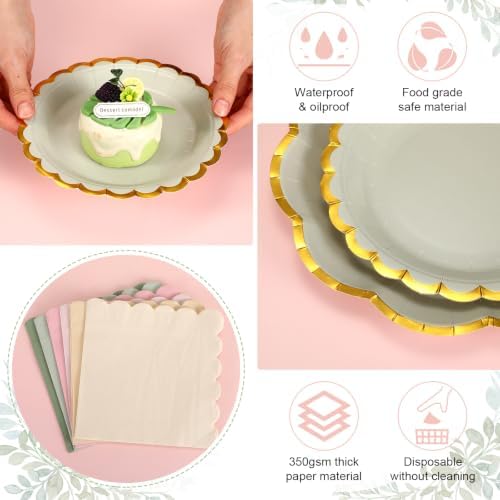 144 Pcs 48 Guests Sage Green and Pink Paper Plate and Napkin Party Supplies - Image 3