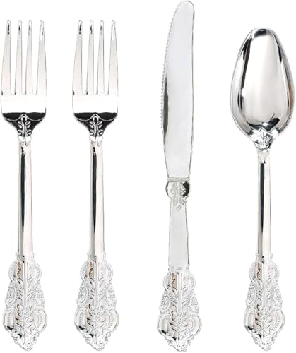 WDF 200 Pieces Silver Plastic Silverware Disposable - 50Guests Silverware Plastic Cutlery - Disposable Utensils Includes 100 Forks, 50 Spoons, 50 Knives Perfect for Christmas Wedding or Party by WDF