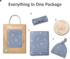 Miaoberry 100% Organic Muslin Swaddle Set w Matching Hat/Bow| Moon Leaves in Haze Blue| Hospital Home-Coming Baby Announcement Blanket Gender Neutral for Boy n Girl - Image 2