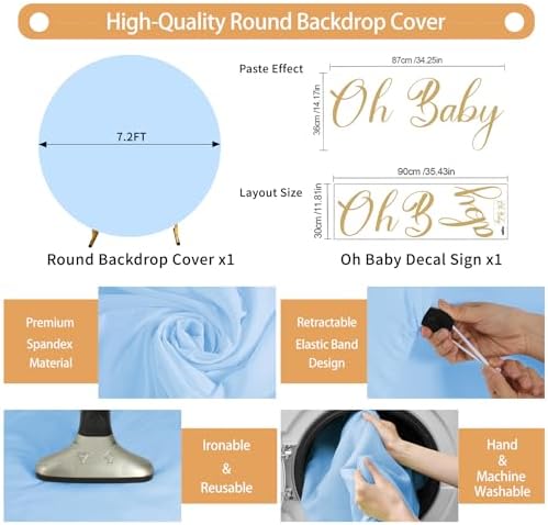 Gallety 7.2FT Baby Blue Round Backdrop Cover with Oh Baby Decal, Size Adjuster, Universal Fit for 5-7.2ft Circle Stand, Polyester Fabric Arch Cover for Wedding, Birthday Party, Photography Decor - Image 2