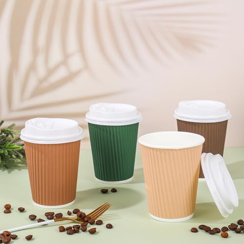 Whaline 100Pcs Woodland Themed Disposable Coffee Cups with Lids Paper Cup 12oz Brown Green Corrugated Ripple Wall Insulated Hot Cup for Home Office Party Supplies - Image 4
