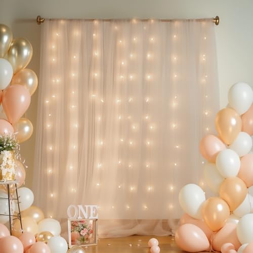 20x8ft Champagne Tulle Backdrop Curtain with Lights String for Parites, Sheer Backdrop Curtains for Wedding Baby Shower Birthday Party Photo Shoot Decorations - Image 2