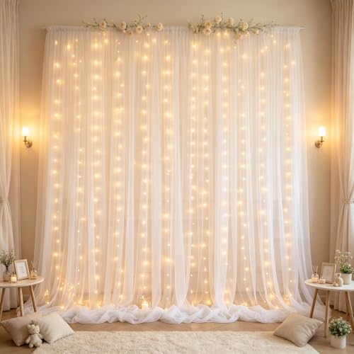 10×10ft White Tulle Backdrop Curtain with Lights String for Parites, Sheer Curtain Backdrop Drapes for Wedding Party Home Decorations - Image 6