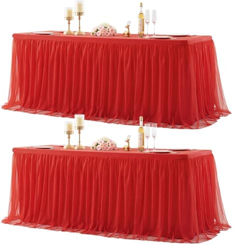 Suppromo 2 Pack 6ft Red Tulle Tablecloths for Rectangle Tables 6 Foot Red Rectangular Table Cloth Wrinkle Free Tablecover with Tutu Skirt for Baby Shower Wedding Birthday Party Banquet Buffet Cake by Suppromo