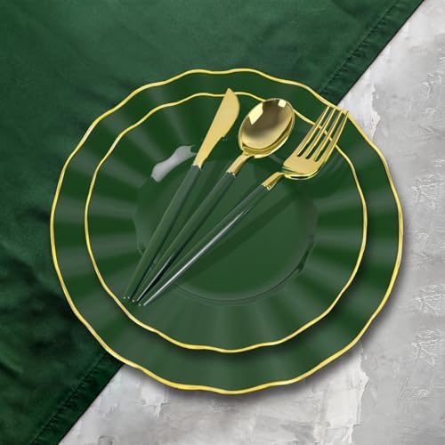 150Pcs Plastic Plates with Gold Rim,Heavy Duty Green Plates for 30 Guests,Plastic Dinnerware Set Include 30 Dinner Plate,30 Dessert Plate,90 Gold Cutlery Set for Party (Green) - Image 3