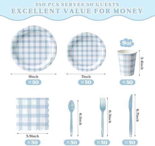 Vyntra 350-Pc Blue Gingham Paper Plates and Napkins Party Supplies - Image 4