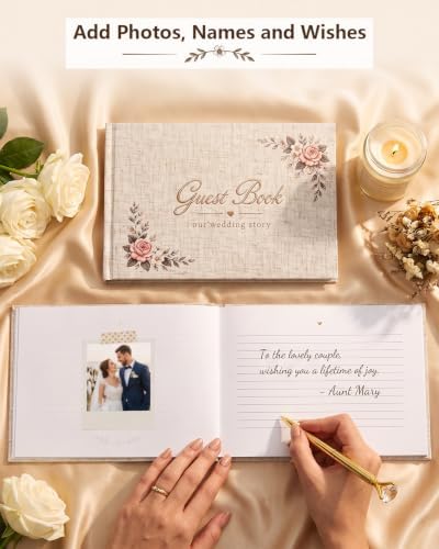 Wedding Guest Book with Embroidered Linen Photo Guestbook for Reception - Image 3