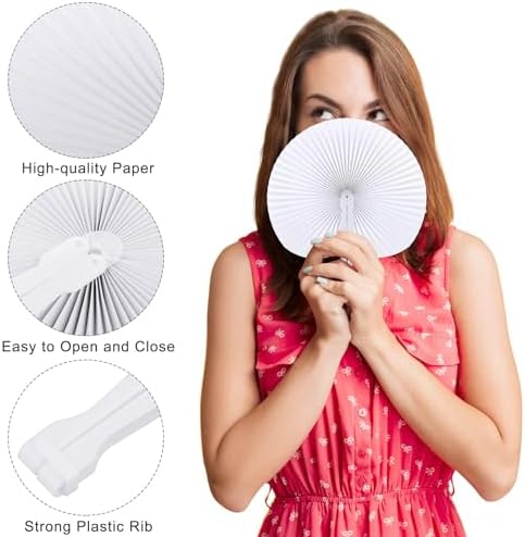 Aodaer 200 Pieces Folding Handheld Paper Fans 9 Inch White Wedding Paper Fans Round Shaped Fan with Plastic Handle for Wedding Favors Guests, DIY Decoration (Round) - Image 3