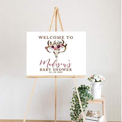Andaz Press Custom Large Baby Shower Canvas Welcome Sign, 16 x 20 Inches, Rustic Boho Burgundy Floral Antlers, Guestbook Alternative, Personalized Sign Our Canvas, For Fall, Rustic, Boho, Baby Shower - Image 2