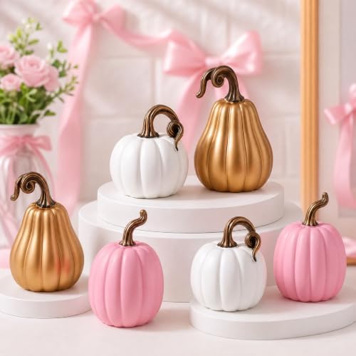 Novabright 6 Pcs Fall Pumpkins Thanksgiving Decor Resin White Pink Gold Pumpkins Small Artificial Harvest Gender Reveal Table Centerpiece Autumn Baby Shower Decor, 4.72 Inch by Unknown
