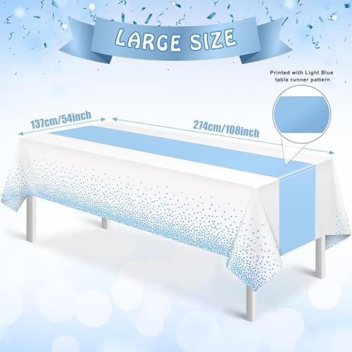 12Pcs White Light Blue Tablecloth Party Decorations,Plastic White Table Cloth Printed Baby Blue Tables Runner Disposable Rectangle Table Cover for Birthday Baby Shower Wedding Party,54 x108 Inch - Image 3