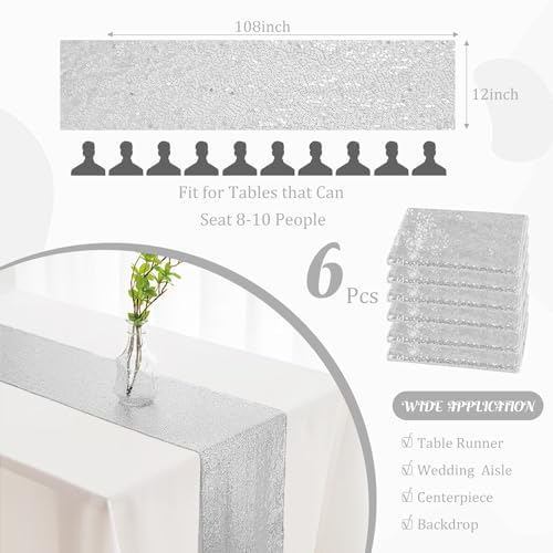 6 Pack Sequin Table Runner 12" x 108" Sparkle Table Runner for Baby Bridal Shower Wedding Birthday Party Table Decor (Silver) - Image 2