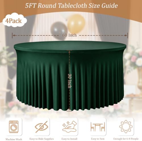 Dark Green Round Spandex Tablecloths, 5FT/60In Stretchy Table Cloth with Skirt, 4 Pack Washable Fitted Tablecloth, Circle Wrinkle Free Table Cover for Party Dining Banquet Events - Image 3