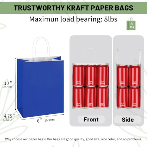 Mlyta 100 Pack 8x4.75x10 Inch Medium Royal Blue Kraft Paper Gift Bags with Handles Bulk for Goodie, Party Favor Brithday Grocery Shopping Business Wedding Retail Craft Treat To Go, Merchandise Sacks - Image 3