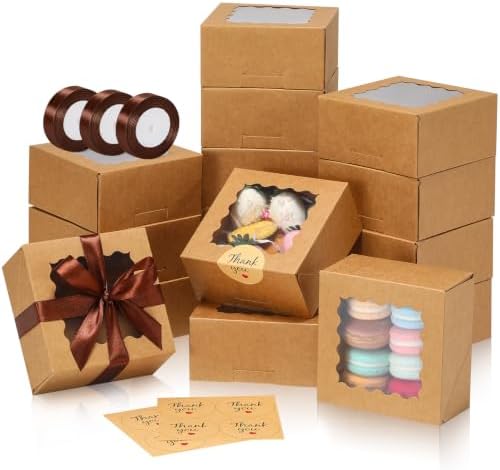 5x5x2.5 Auto-Popup Small Cookie Boxes with Window, Brown, 60 Pack by EQOREIIN