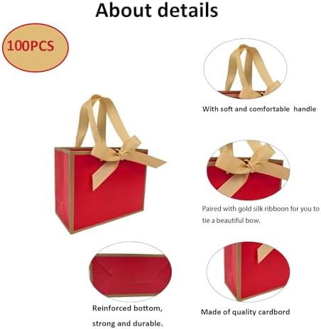 TKSBAG 100 PCS Small Red Gold Gift Bags with Bow Ribbon - 6.4x3.1x5.1 Inch Thank You Bags with Handles, Bulk for Baby Shower, Bridal Shower, Wedding, Party Favors, Mother's Day - Image 2