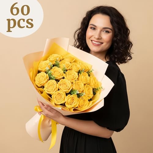 Auihiay 60PCS Yellow Roses Bulk, Yellow Velvet Silk Fake Roses - Image 6