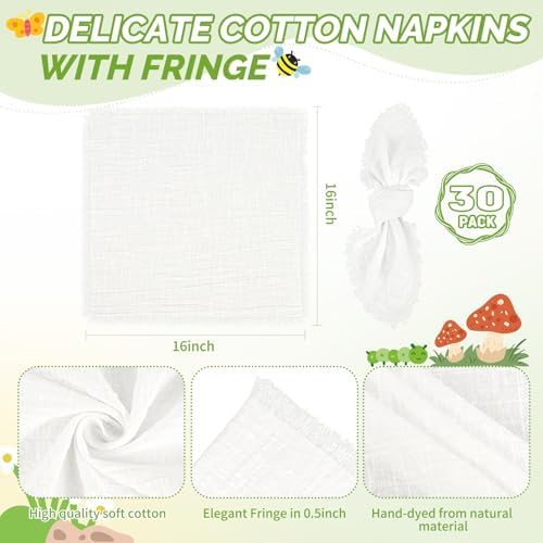 Showgeous 30 Pack White Cloth Napkins with Fringe, 16x16 inch 100% Cotton - Image 2